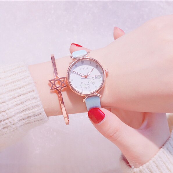 Montre lumineuse pour enfants de marque ulzzang, montres pour filles, montres pour enfants, horloge à quartz en cuir, dessin animé mignon pour étudiants: Bleu