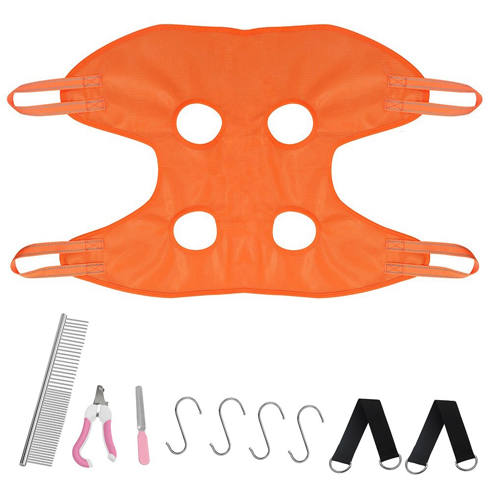 Hamaca de aseo para mascotas, arnés colgante para gatos y perros, Kit de suministros para mascotas con recortador de peine para gatos y perros, lavado de baño: Orange Set / Bear weight 10-15kg