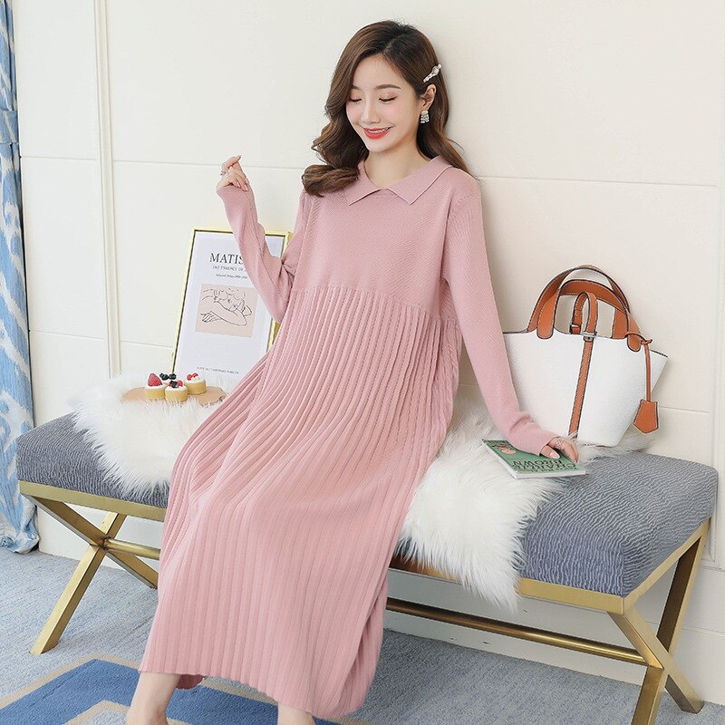 Herbst Winter Dicke Warme Gestrickte Mutterschaft Lange Kleid Süße Kleidung für Schwangere Frauen Winter Plissee Schwangerschaft zur Seite fahren
