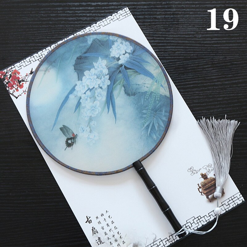 Hanfu Circular Fans Vintage Tassel Long Handle Ancient Chinese Style Court Dancing Round Fan Classical Printed Wedding Round Fan: 19
