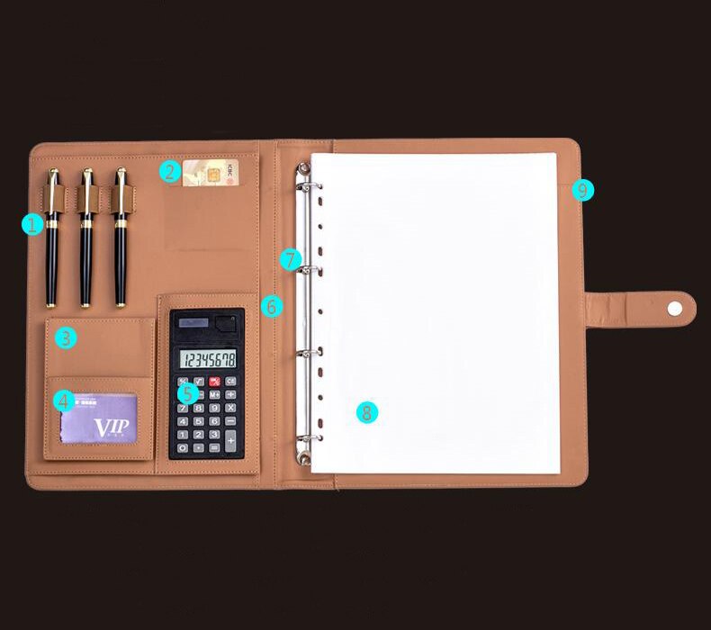 a4 leather folder Padfolio multifunction organizer planner notebook ring binder A4 file folder with calculator 1163
