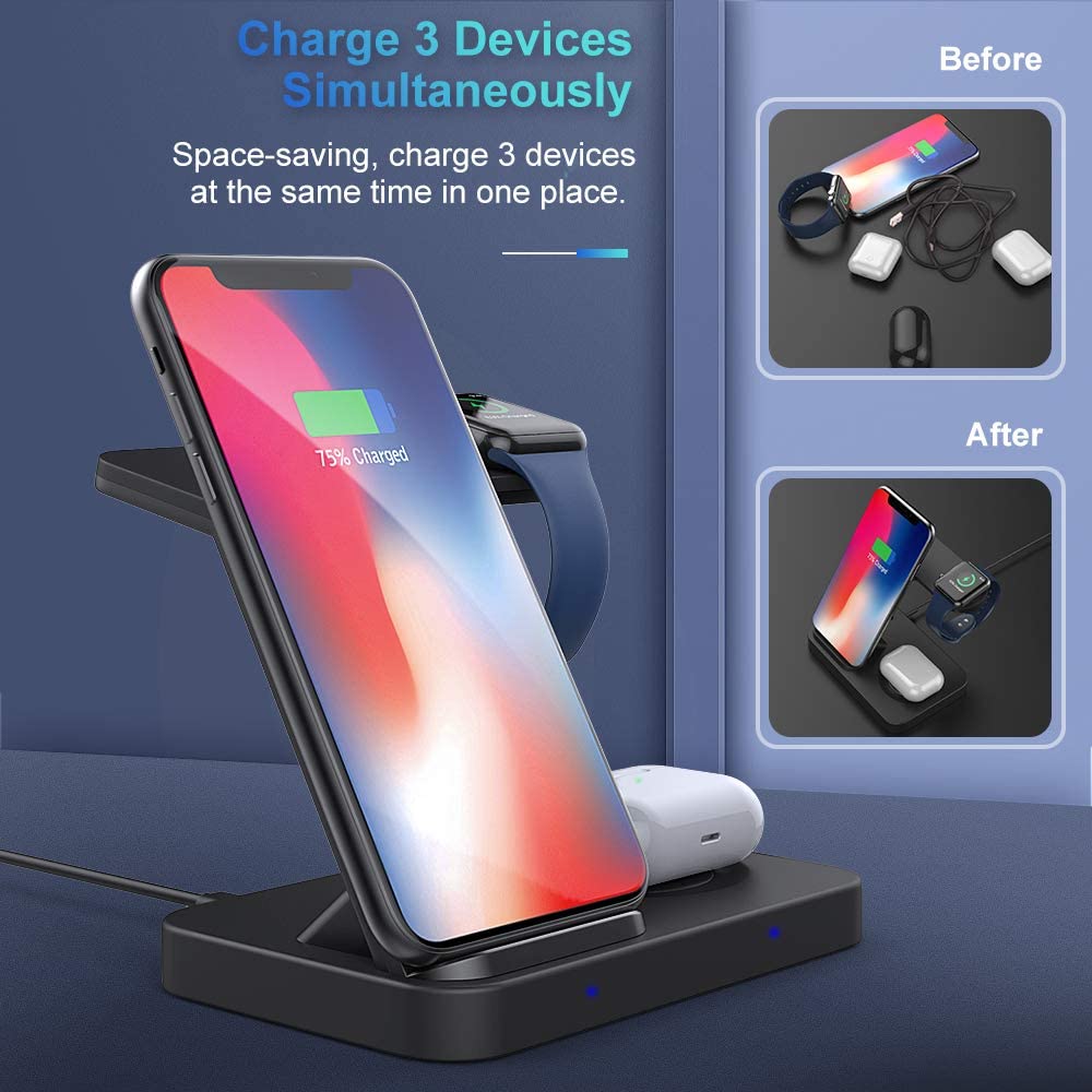 3 in 1 Wireless Charger Stand for Apple Watch 6 5 4 3 Airpods Pro iPhone XR XS 8 11 12 Samsung S20 S10 Buds QI 15W Fast Charging