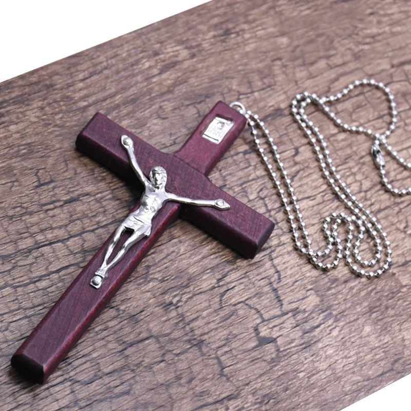 Collar Cruz religiosa de Jesús de madera de primera , colgante crucifijo cristiano con cadena de joyería, para hombres