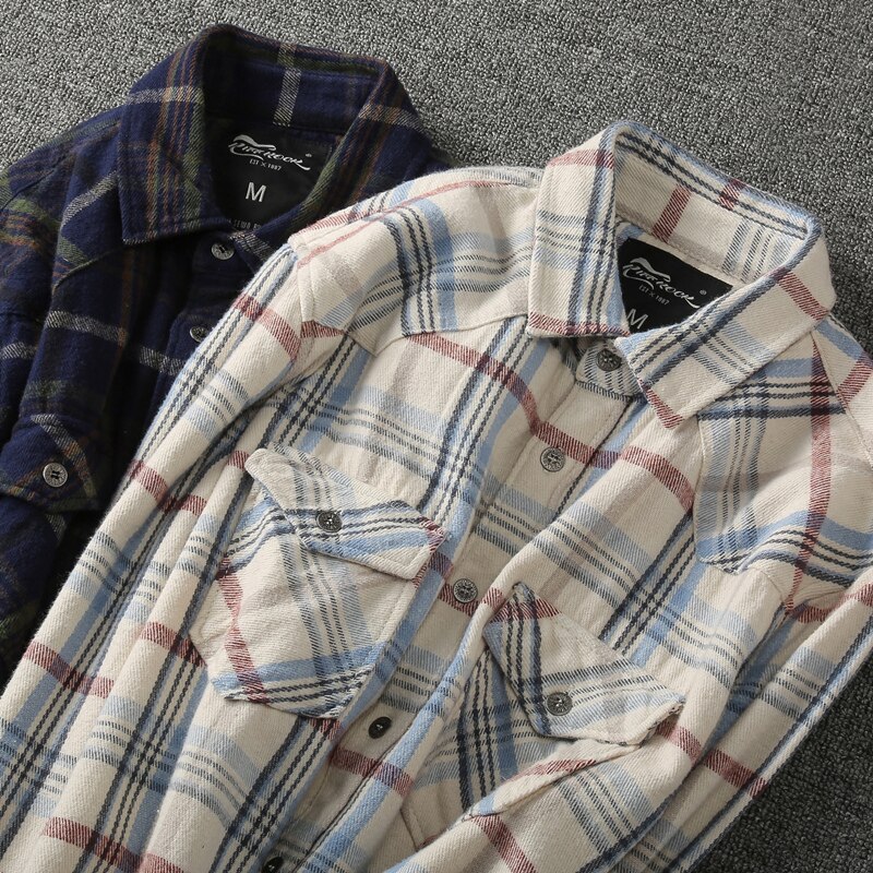 Wiosna moda męska w stylu klasyczny z długim rękawem koszula flanelowa w kratę japońska modna wysokiej jakości zapinana na co dzień ładunek topy męskie tkaniny