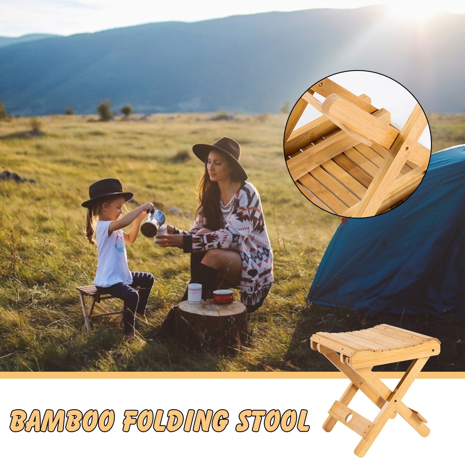 Portable Folding Anti-skid Bamboo Step Stool Multi-functional Spa Bath Chair Outdoor Camping Fishing Simple Stool Small Bench #4