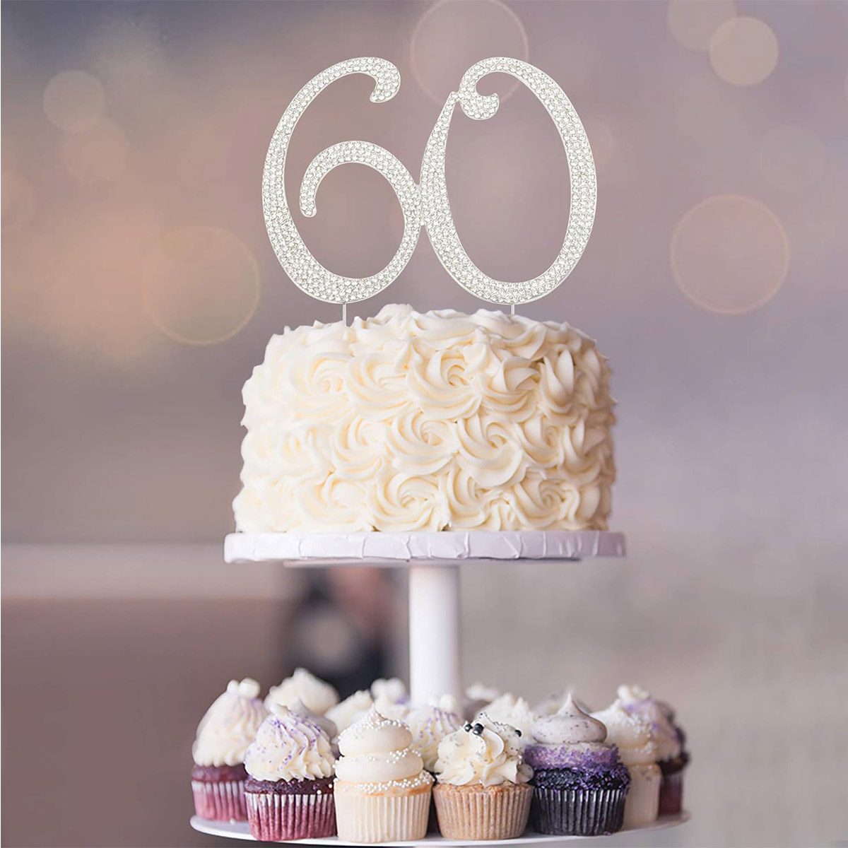 60 Sparkly Rhinestone Decoration Cake Topper - Premium Silver Metal - 60th Birthday or Anniversary Party Makes a Great Centerpie