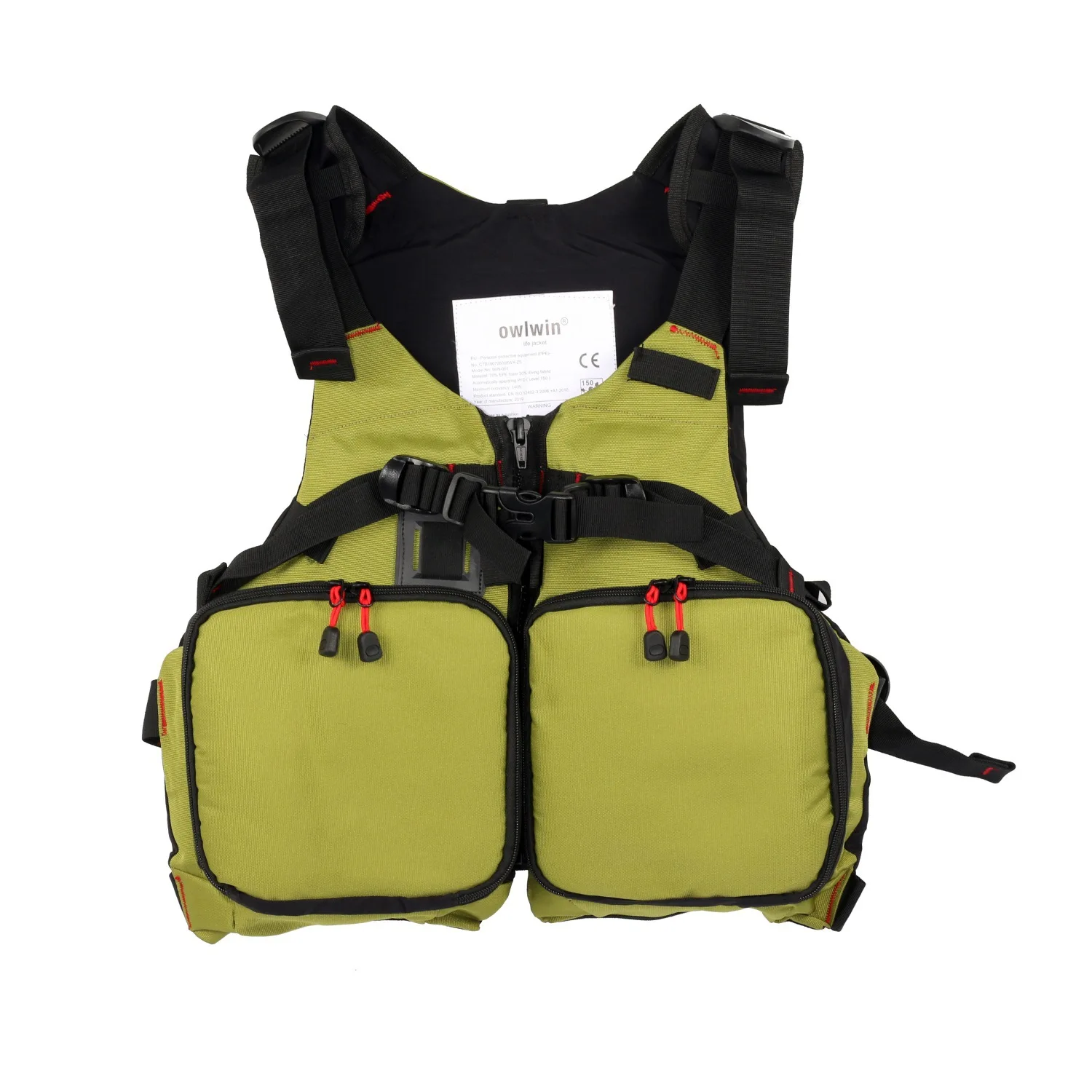 Chaleco de pesca para Kayak, salvavidas ligero y ajustable con silbato, malla transpirable, múltiples bolsillos: Green-square pocket