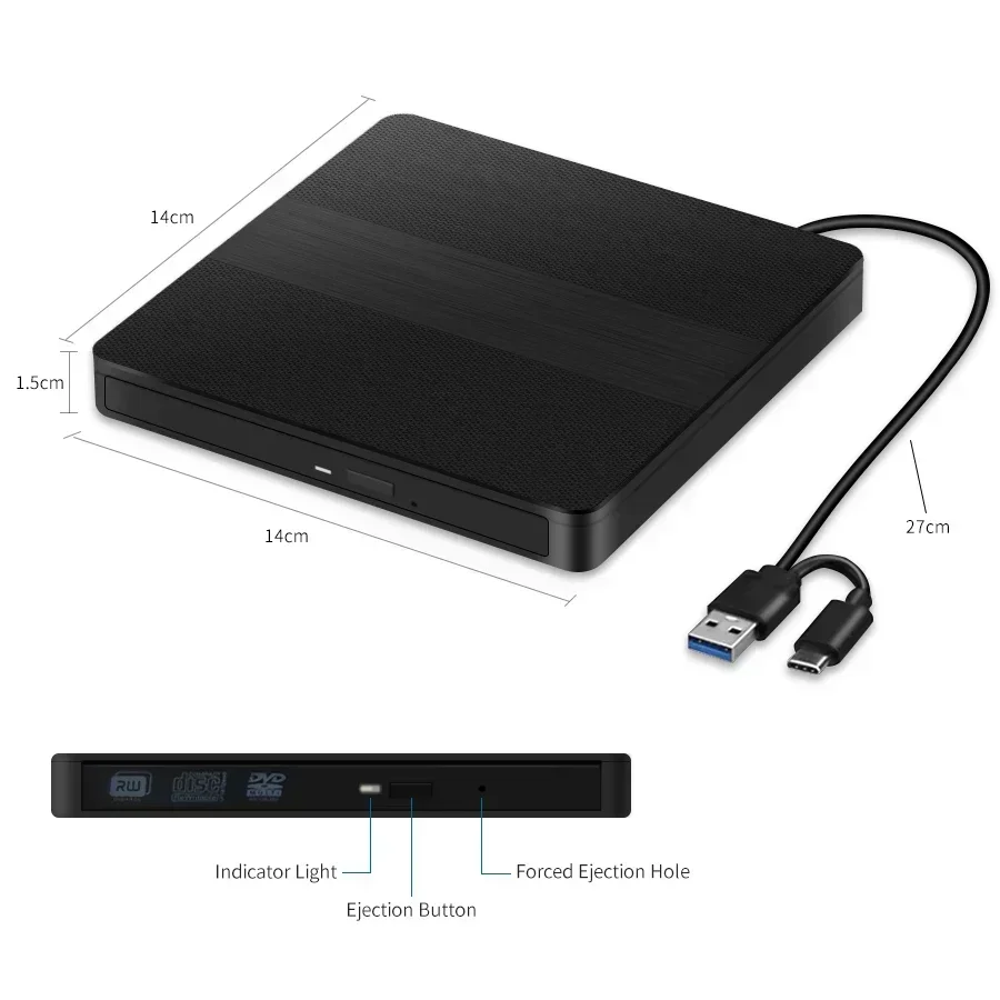 Externes 2-in-1 optisches Laufwerk USB 3.0 Typ-C Ultradünnes DVD-Brenner-Laufwerk Tragbarer RW-CD-Brenner-Lesegerät-Player für Laptop PC Mac