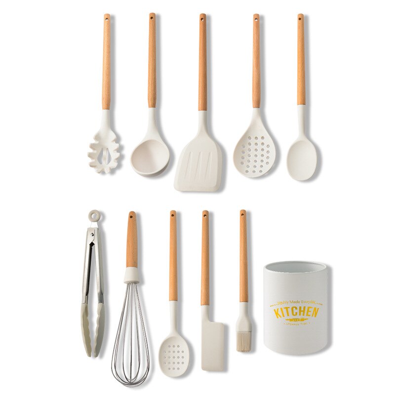 White Cooking Utensils set Silicone Kitchen Tools Set with Wood handle for Nonstick Cookware Kitchen set with Spatula/Spoons: 10pcs