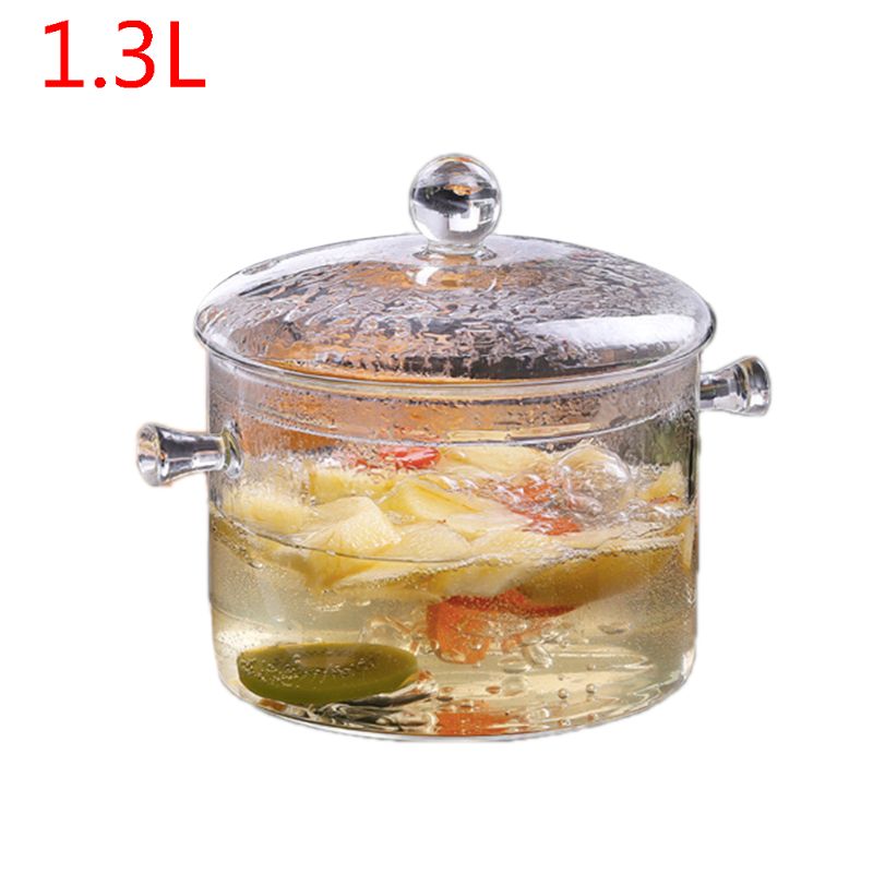 Glass pot with lid, 1L / 1.3L, hand-made glass cookware, can be used to cook noodles, soup, milk, baby food, etc.: 8YY700290-B
