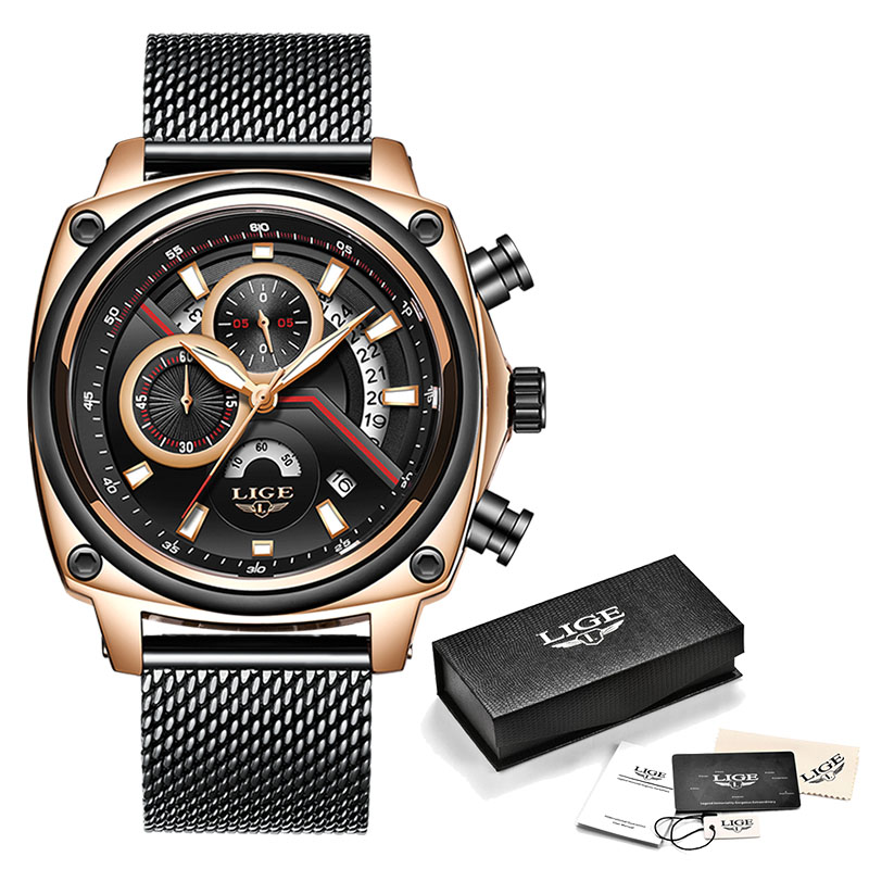 LUIK Horloges Heren Top Luxe Mode Creatieve Chronograaf Lederen Waterdichte Quartz Horloge Relogio Masculino: Rose Gold Black