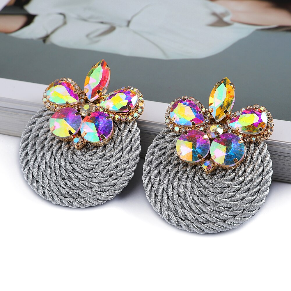 Ethnic Style Cotton Cord Weave Round Ear Accessories Vintage Sparkly Crystal Dangle Earrings For Women Luxury Jewelry: 36