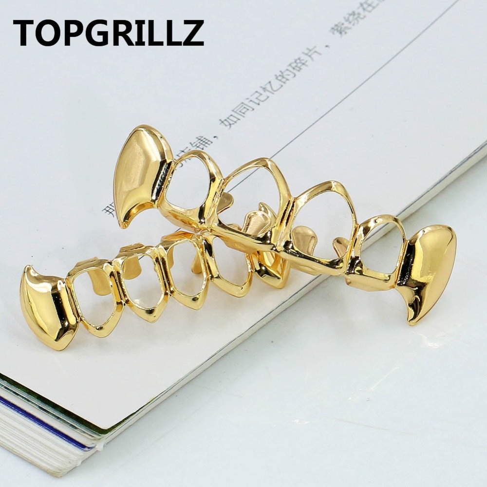 TOPGRILLZ Vergoldeter Hüfte-hüpfen-Zahngrill, oberer und unterer Grill, Hüfte-hüpfen-Bling-Hohlvampirzähne für Halloween