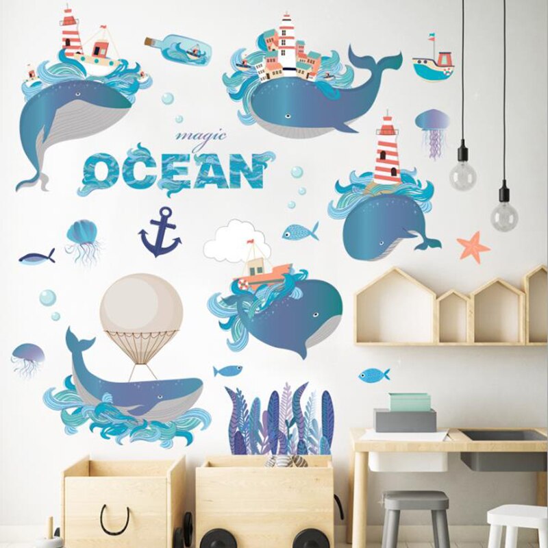 DIY Cartoon Ocean Animals Whale Dolphin Sharks Wall Stickers for Kid's Room Decor Bedroom Bathroom Decoration art Mural Decals: Black