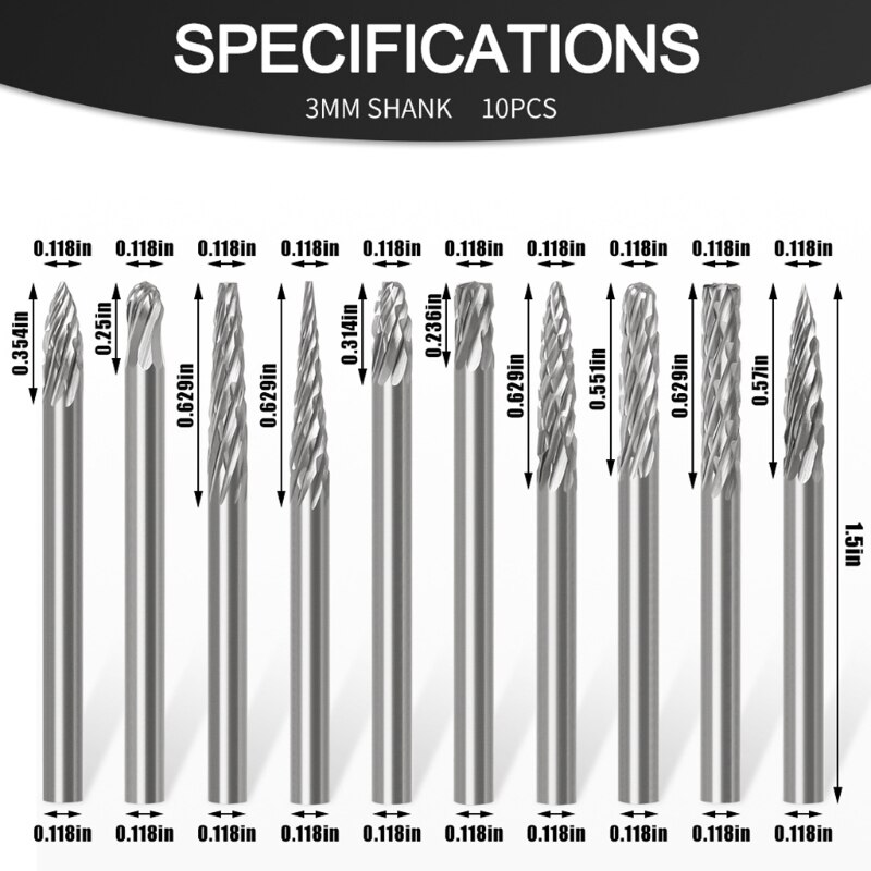 Tungsten Carbide Rotary Files Set 10 Pcs Rotary Accessories Wood Metal Stone's Carving Engraving Drilling