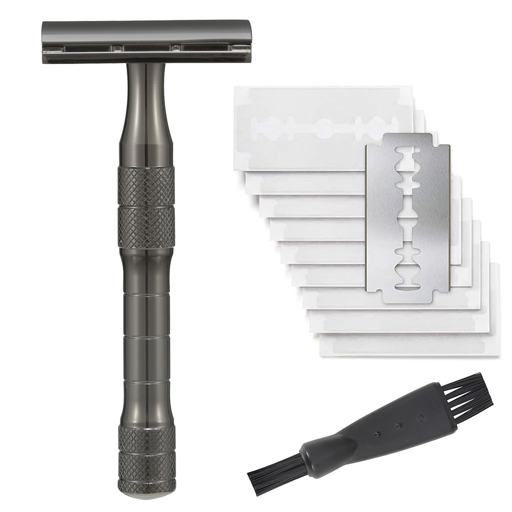 Rasoir de sécurité réutilisable, rasoirs à lame unique pour hommes, avec 10 lames DE rasoir à double bord revêtues de platine, rasoir DE débutant: Grey