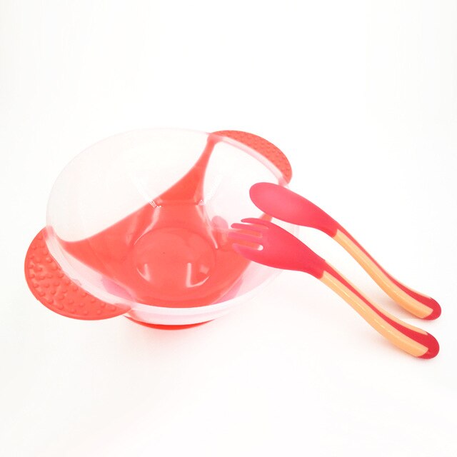 2 sztuk/zestaw naczynia do nauki dla dzieci z przyssawką zestaw obiadowy dla dzieci Assist Bowl łyżka z czujnikiem temperatury widelec zastawa stołowa: P Bowl spoon fork