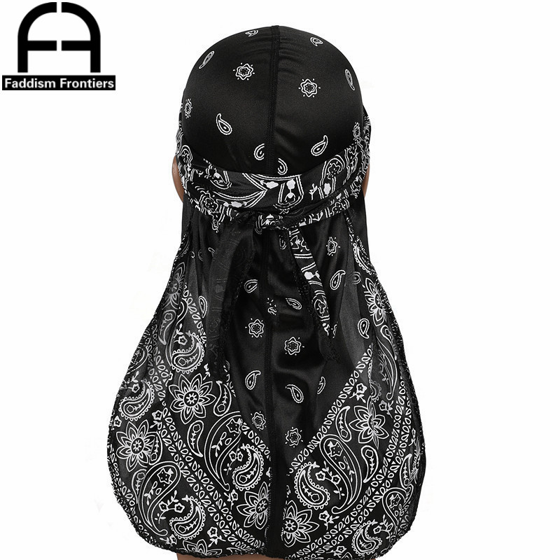 Men Silk Durag Paisley Printing Silky Durags Bandanas for Men Long Straps Headwear Head Scarf Wave Cap Headwrap Durags: black
