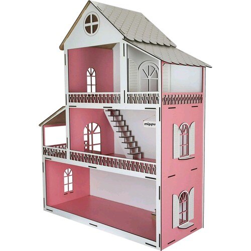 Mippukid træ legehus trelags træ møbleret pink