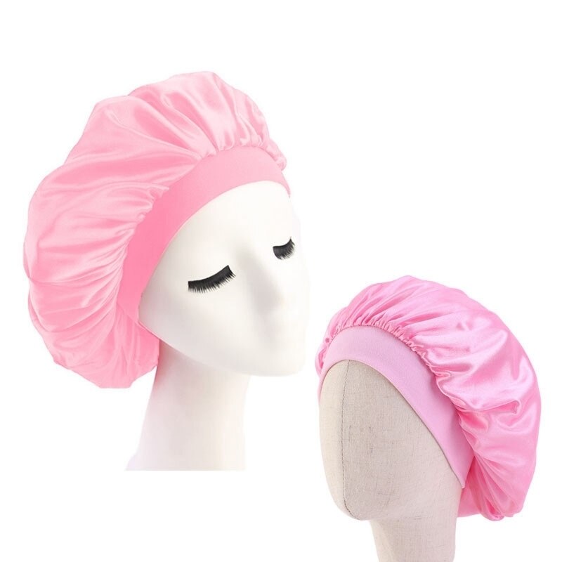 Hårpleiehette foreldre-barn elastisk polyester bred kant nattsøvn lue silke kuppel familie for panser sateng damer: Rosa