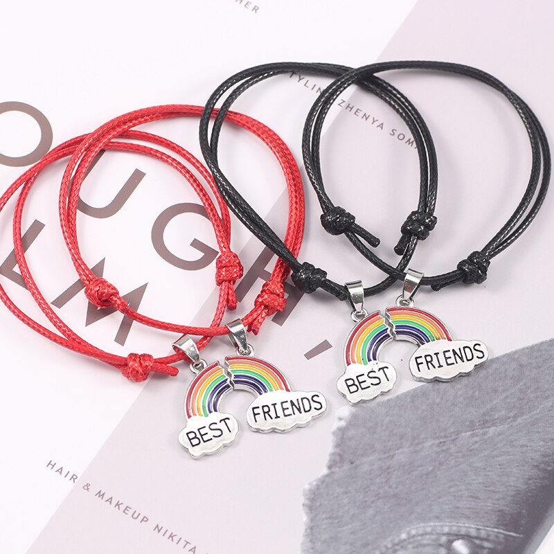 2 Stks/set Beste Vriend Armband Charm Lady Rainbow Hart Graveren Beste Vriend Voor Altijd Touw Armband Vriendschap Bff Sieraden