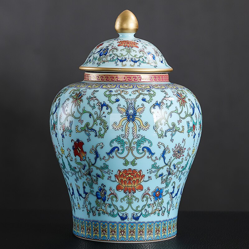 Caddie à fleurs peintes en céramique, Vase à fleurs de grande capacité, pot de rangement scellé avec couvercle, décoration de comptoir de porche: E