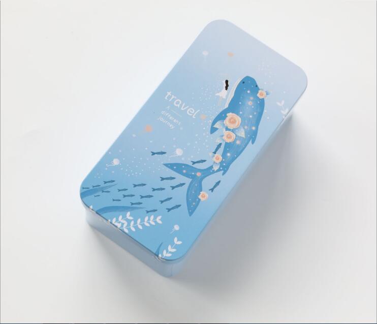 Student double deck storage box tin metal stationery estuche multifunction storage school supplies pencil case sea pen container: fishs