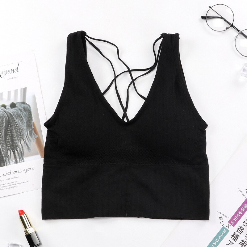 Svokor Vrouwen Mooie Terug Sport Hemdje Met Dunne Schouderbandjes Draadloze Kruis Ondergoed Open Back Tube Top: Black