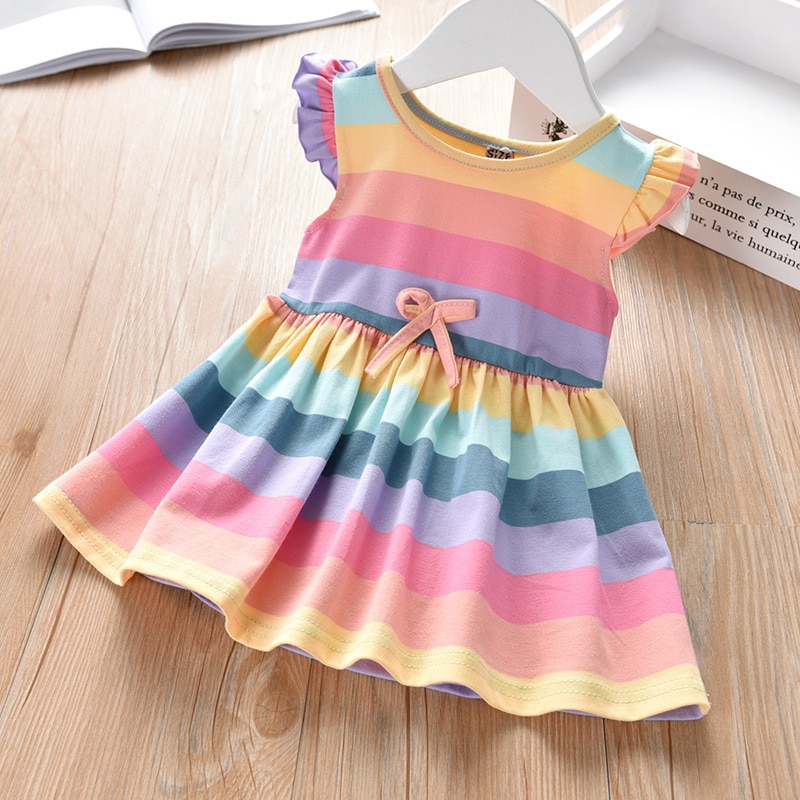 Piger prinsesse tøj børn regnbue baby kjoler bomuld fest pige kjole koreansk børn tøj børn kjoler 2 3 4 5 6 7 år