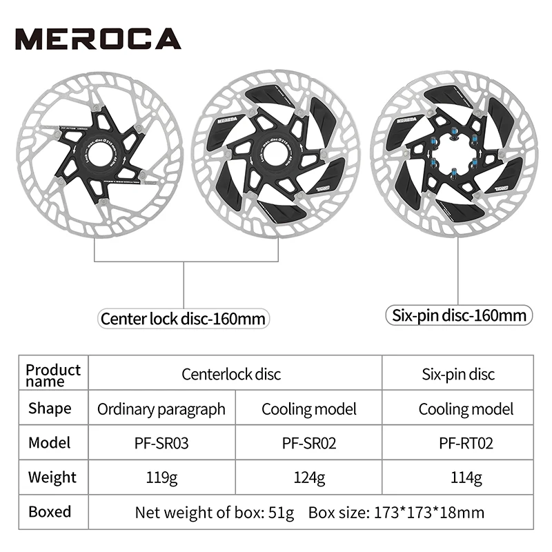 Meroca ultralet cykelbremseskive med 160mm diameter, udhulet 6-- boltet/centrallås, brugt til shimano/sram bremser