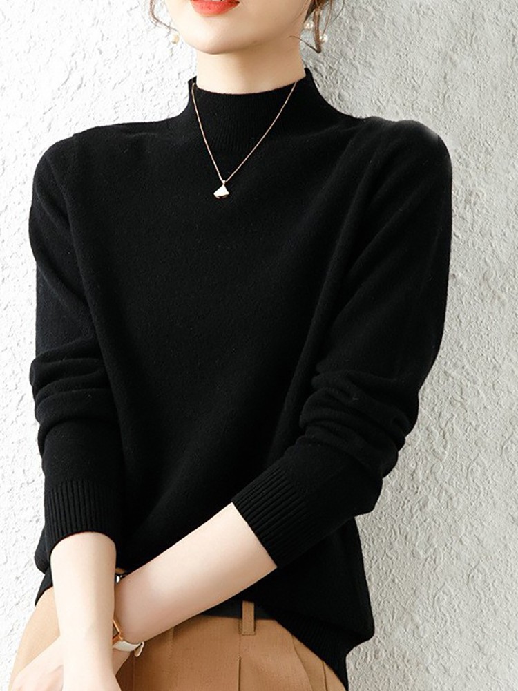 Outono inverno blusas inferiores moda feminina chique gola alta pulôver fino manga longa malha jumpers macio quente pull femme topo: Preto