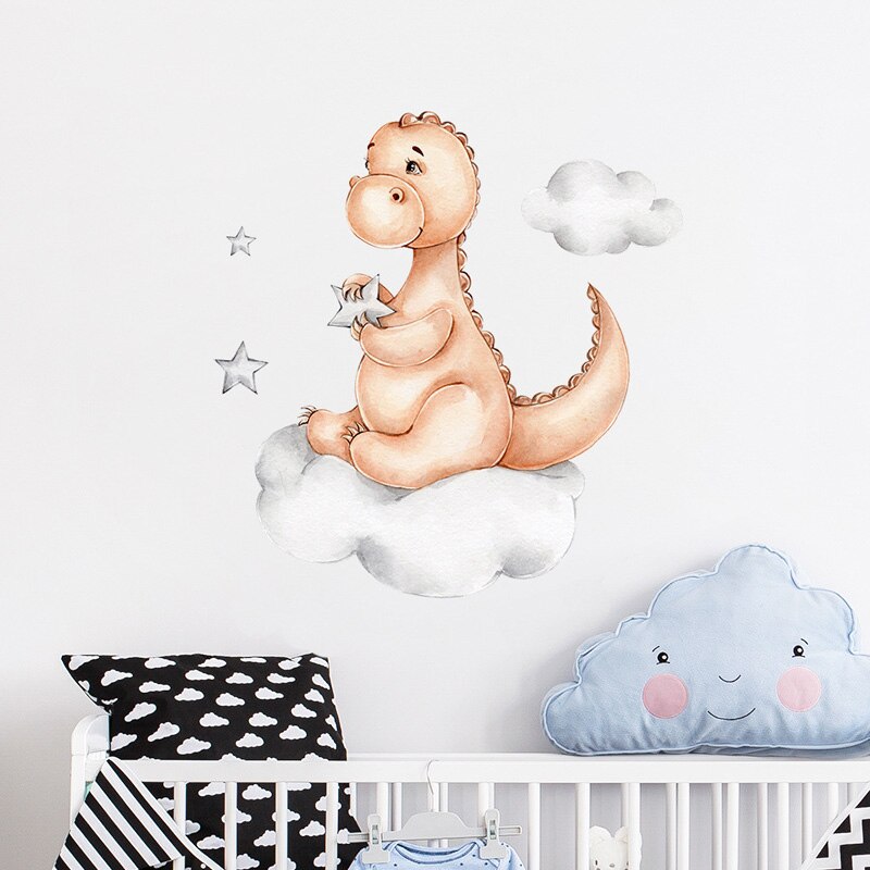 Cartoon Dinosaur Sit Clouds Wall Sticker Baby Kids Room Bedroom Background Wallpaper Art Decals Home Decoration Cute Stickers