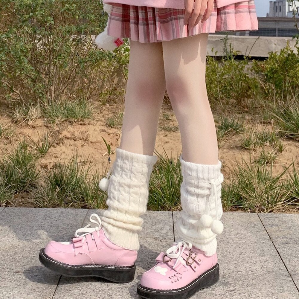 Calentadores de piernas japoneses Lolita para mujer, medias con bola de lana tejida, calentador de piernas, para Otoño e Invierno