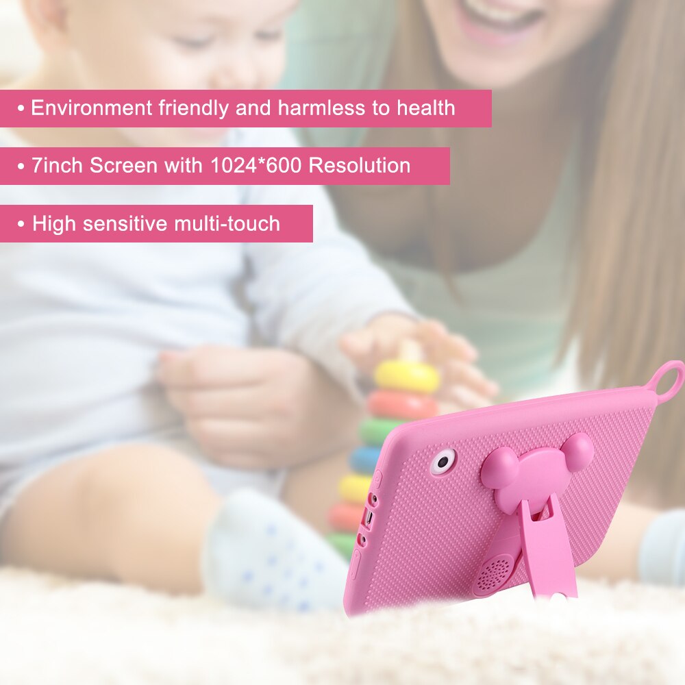 Q718 7 inch quad-core tablet voor kinderen 1024*600 pixels android 4.4 systeem 512mb+8gb geheugen met siliconen hoes groene amerikaanse stekker