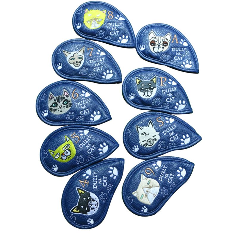 9 Pcs Draagbare Golf Club Headcovers Leuke Cartoon Kat Patroon Pu Waterdichte Fairway Hybrid Putter Cover Set Vintage: Blue