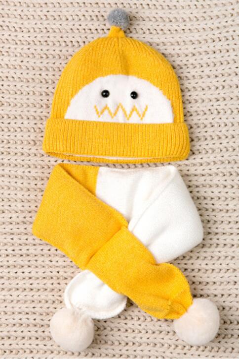 Børn vinter varm hat og tørklæde barn kort plys indre søde hat 2 stykke sæt baby ørebeskyttelseshætte med pom pom tørklæder: Gul