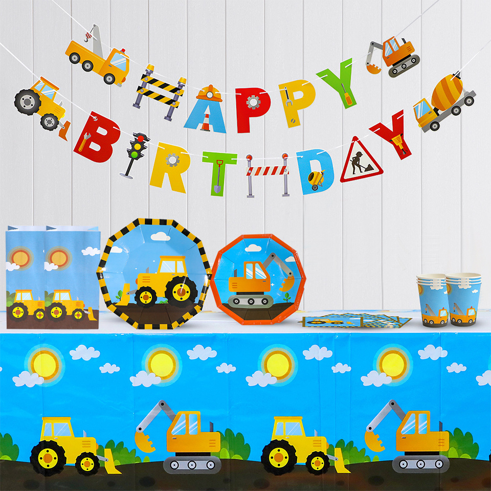 1set Carton Construction Pelle Bulldozer Jetable Vaisselle Assiettes En Papier Tasses pour garçon Joyeux Anniversaire Fête Décoration D&#39;approvisionnement