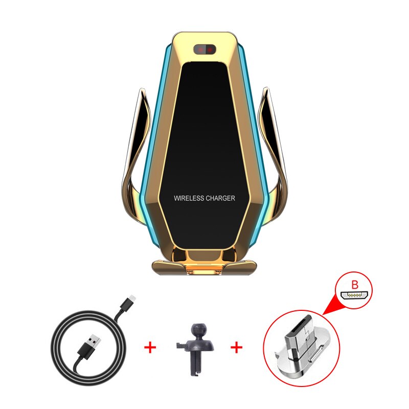 10W Fast Qi Wireless Charger Car Charger Holder for iPhone X 8 XS max 11 pro Infrared Sensor Car Mount for Samsung S10 Xiaomi 9: Gold Micro usb B