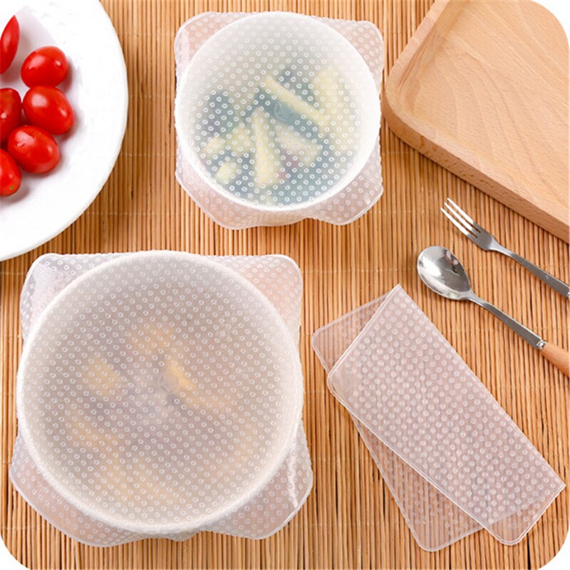 4pcs/set Reusable Silicone Saran Wrap Food Wraps Stretch Vacuum Seal Cover Kitchen Organization Food Fresh Keeping Sealed Lids