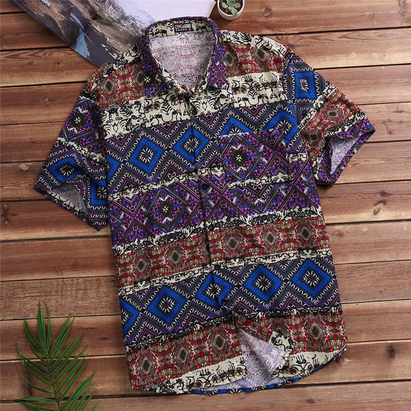 camisas para hombres de manga corta con bolsillo impreso blusa Casual colorida camisa étnica hawaiana Tops de verano camisa de hombre de talla grande 5XL: Purple / XXL
