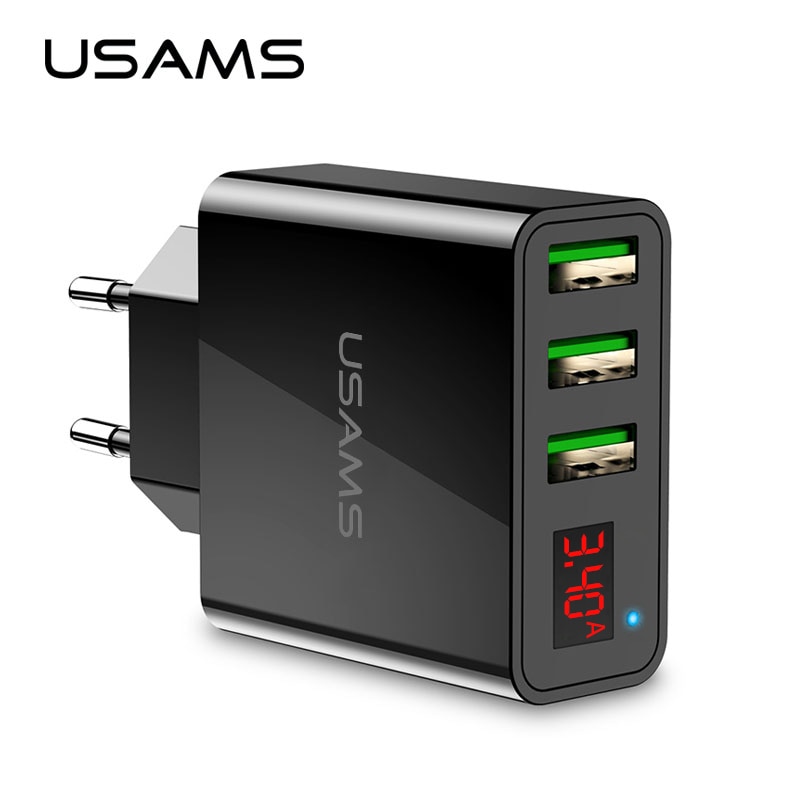 Usams 3 Usb Telefoon Oplader Mobiele Telefoon Oplader Led Display Max 3A Eu Wall Charger Voor Iphone Samsung Xiaomi Charger usb Adapters