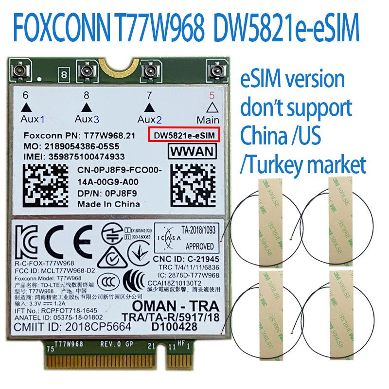 4G LTE T77W968 DW5821e X20 LTE Cat16 1Gbps FDD-LTE TDD-LTE 4G Module For Dell 5420 5424 7424 7400 Laptop T77W968: black