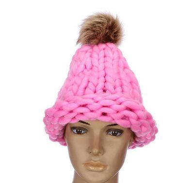 Kvinders vinter pompon uld hat grove linjer udendørs varm hat beanie strikket hat flerfarvet valgfri: Rose