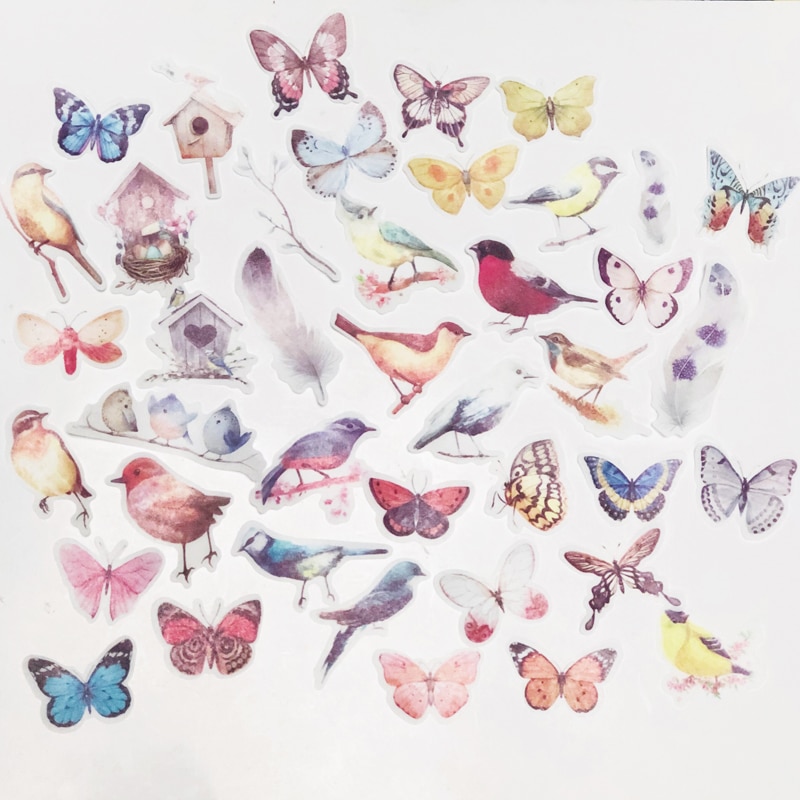 1 Pack (40 pcs sticker) Birds and Butterfly Paper Decorative Stickers Stick Label Kids