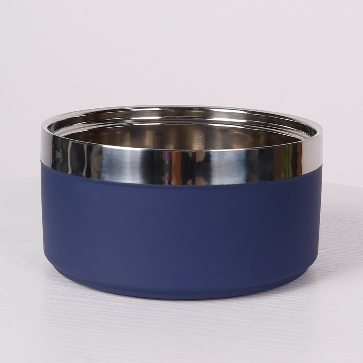 A circular stainless steel fashionable plain color anti slip pet cat bowl and dog bowl for indoor and outdoor use: S / Navy Blue