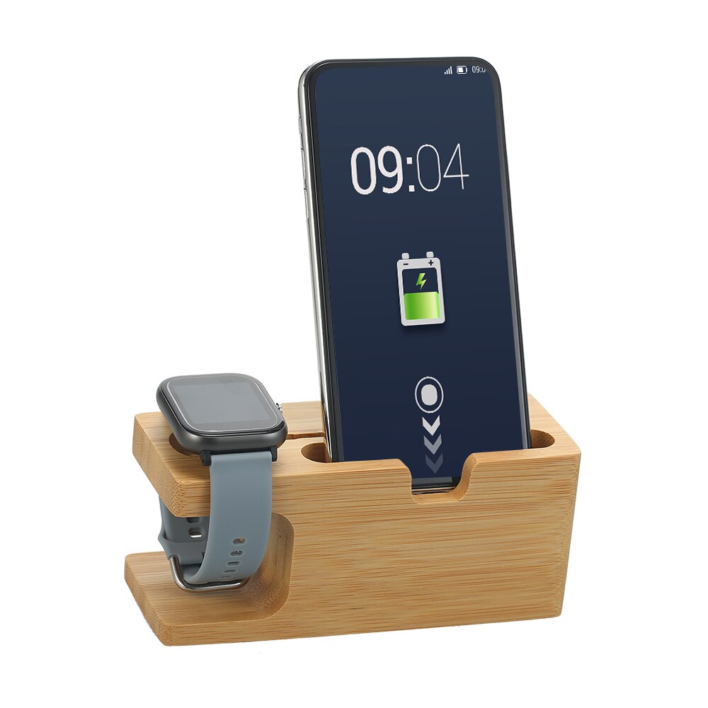 2 in 1 Smartphone Charging Dock Station Bamboo Base Phone Holder Smartwatch Stand Desktop Cradle for Phone Watch