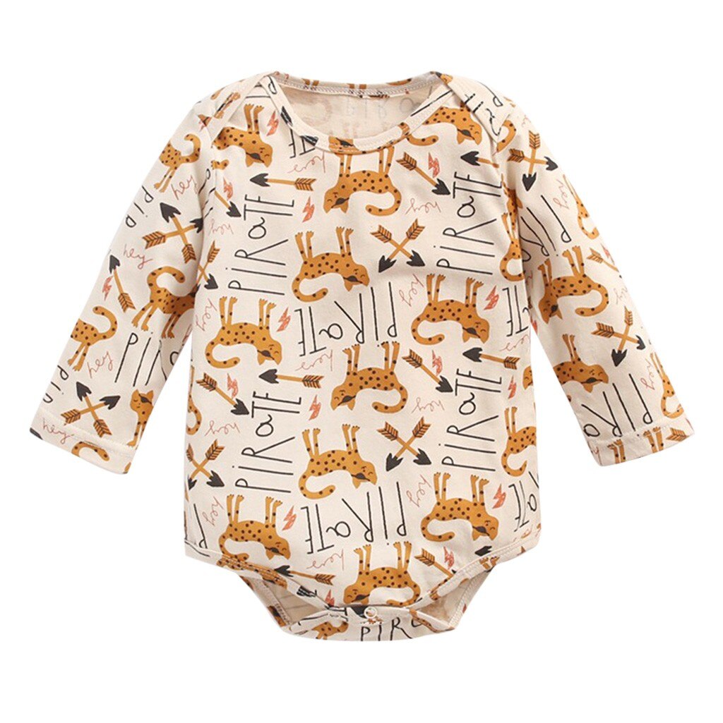 Bébé garçons filles dessin animé impression body -né infantile bébé à manches longues barboteuse Onesies enfant en bas âge doux vêtements barboteuses pour 0-3y: Kaki / 12-18 Months