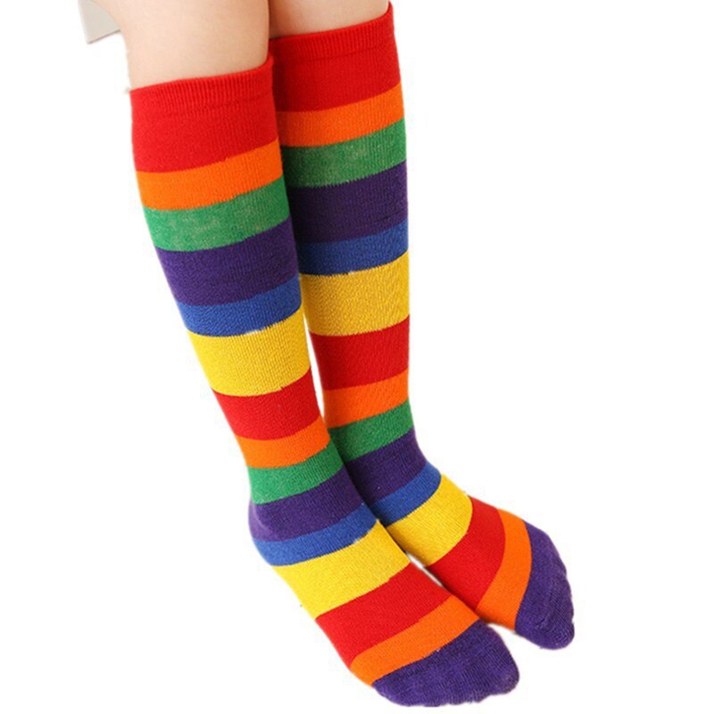 Children Rainbow Striped Socks Kids Girls Boys Colorful Soft Cotton Knee High Socks Toddler Long Socks