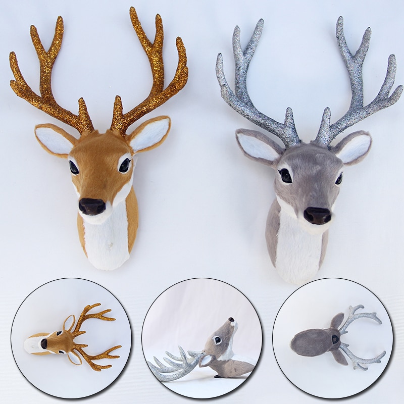 Simulation Plush Reindeer Elk Deer Head Doll Realistic Deer Antlers Head Wall Mount Sculpture for Home Party Xmas Decor