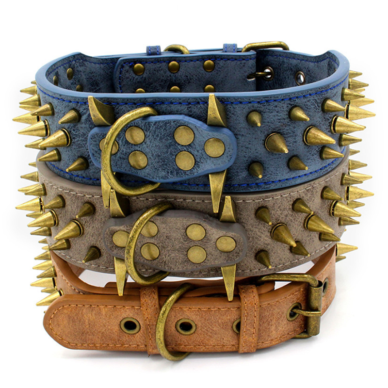 Anti-Bite Neck Large Dog Collar Sharp Nails PU Fashionable Adjustable Collar for Pit Bull Terrier Bully Dog Accessories